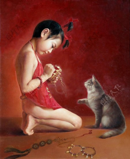 小女孩与猫咪油画图片