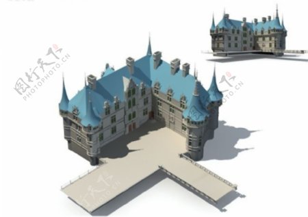 蓝顶宝塔式欧式建筑3D模型