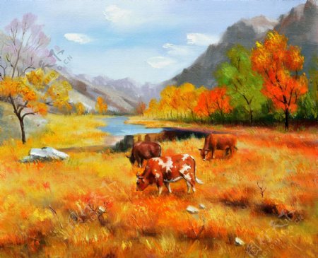 秋天风景与牛群油画图片
