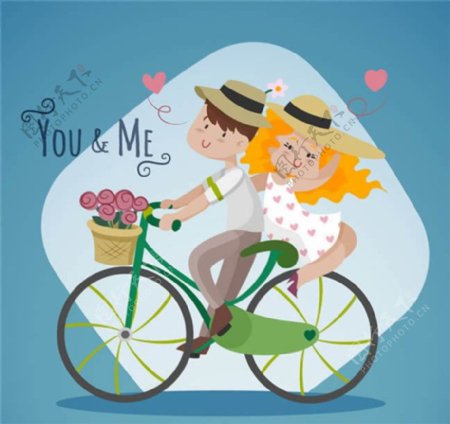 卡通骑单车的情侣矢量图
