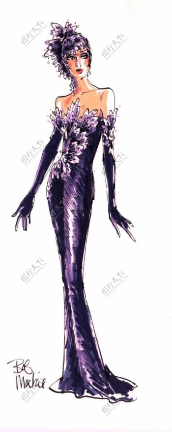 紫色花朵礼服设计图