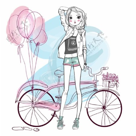 自行车与卡通女孩漫画图片