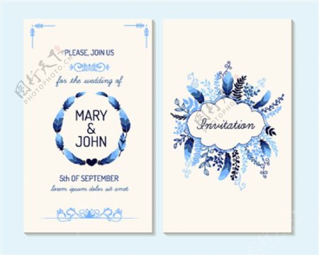 蓝色植物花朵婚礼贺卡图片