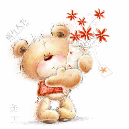 抱着花束的小熊插图图片