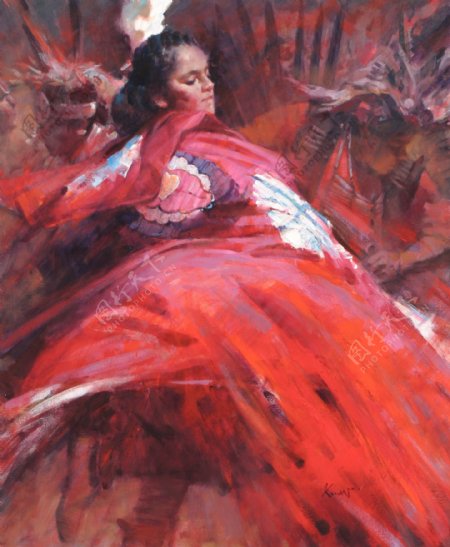 红裙飞舞的美女油画图片