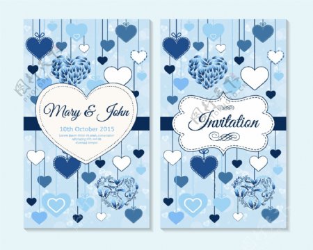 蓝色心形花纹婚礼贺卡模板下载