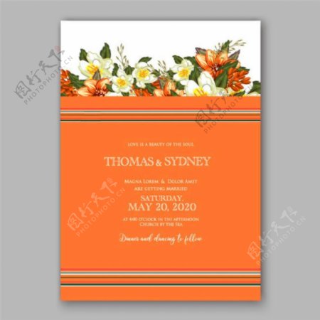 橙色背景植物花朵婚礼请贴图片