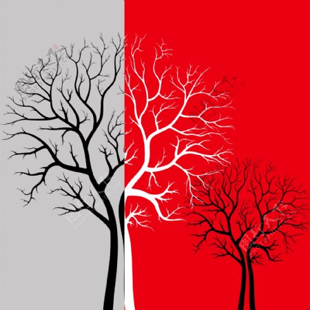 红黑色衬托下的树木无框画高清图片