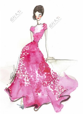 粉色低胸长裙设计图