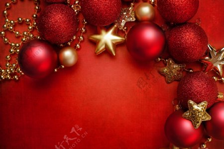 红色彩球与五角星圣诞节背景图片