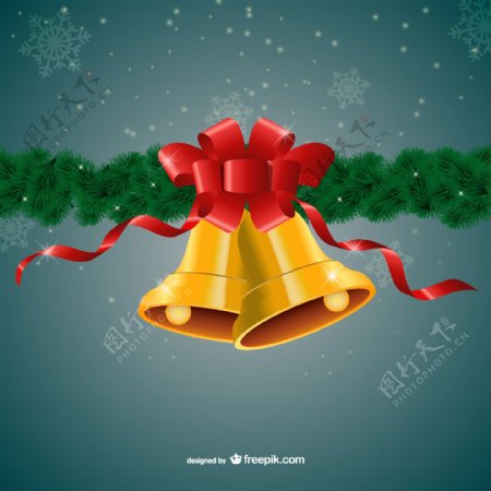 圣诞快乐有金色的铃铛和红色的丝带