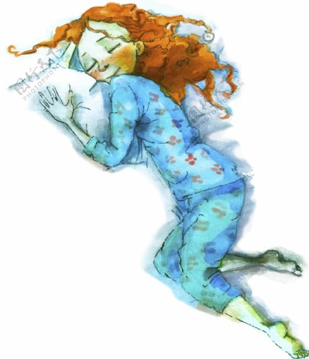 睡觉的水彩女孩插画