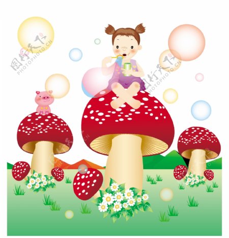 坐在蘑菇上的孩子