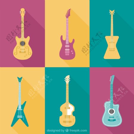 6种扁平化手绘电吉他矢量设计素材