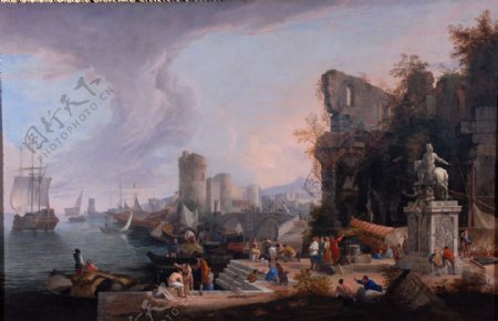 码头城堡风景油画图片
