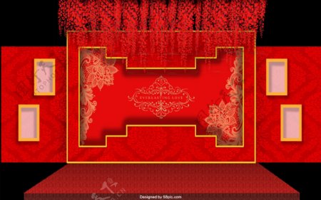 婚庆背景板中式中国红照片墙舞台效果图