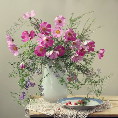 粉色花朵花瓶图片
