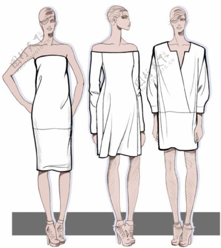 3款白色裙装设计图