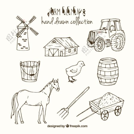 素描农场配件和动物