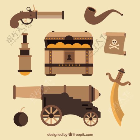 宝箱与海盗元素平面设计图标