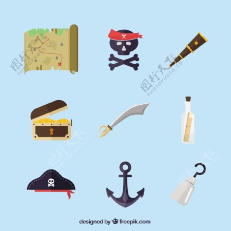 手绘各种海盗物品元素矢量素材
