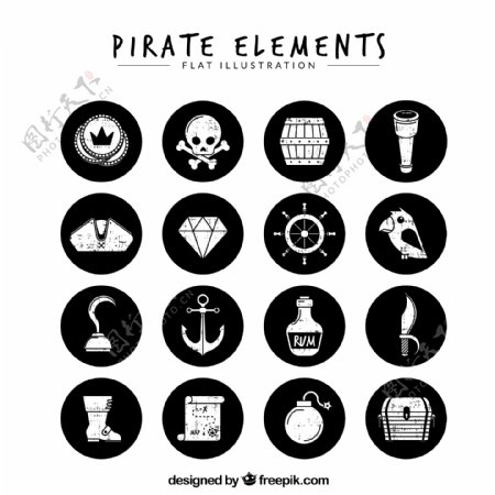 复古风格海盗元素黑色圆形图标