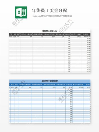 年终员工奖金分配Excel文档