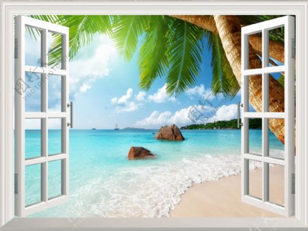 3D窗户大海椰树沙滩