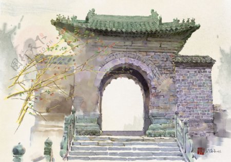水彩城门楼插画