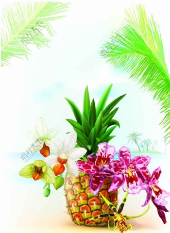 热带菠萝和花朵插画