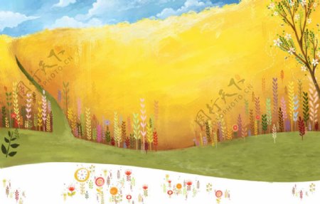 手绘素材花朵装饰油画麦浪背景儿童插画