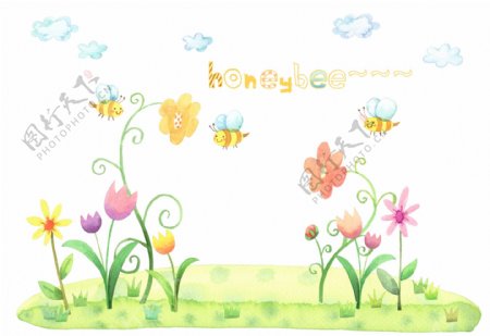 花卉植物可爱卡通蜜蜂PSD分层素材
