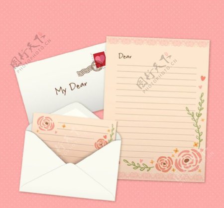 玫瑰情人节信封和信纸矢量素材