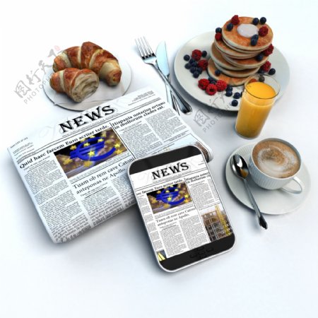报纸智能手机与美食图片