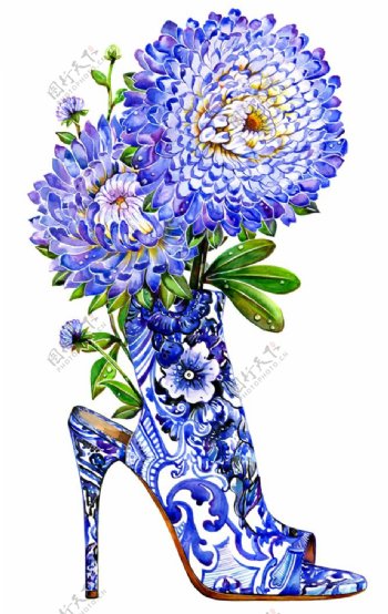 蓝色花朵高跟鞋设计图