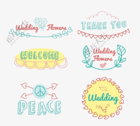 6款彩色手绘婚礼标签矢量素材