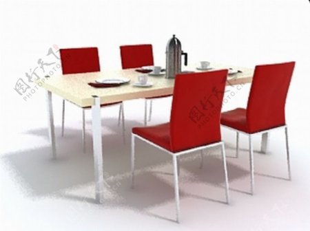 红色餐桌椅组合3D模型