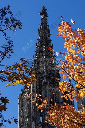 天空蓝色建筑黄色建筑秋天橙色教会乌尔姆大教堂主塔