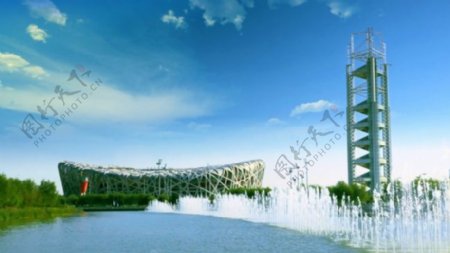 北京建筑鸟巢旁边的大喷泉1秒简短高清