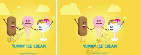 卡通风格冰淇淋人物表情黄色背景