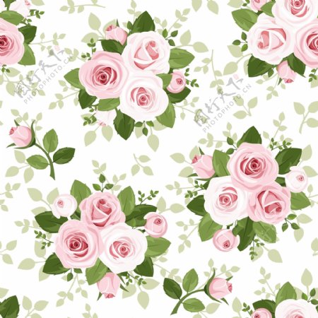 粉色玫瑰花束无缝背景矢量图