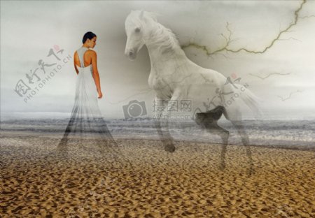 沙漠上的女孩和马