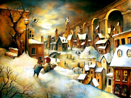 油画雪景建筑图片