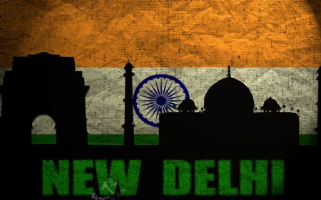 印度国旗与建筑剪影图片