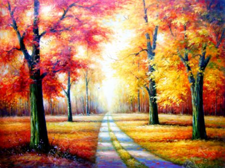 油画秋天树木图片