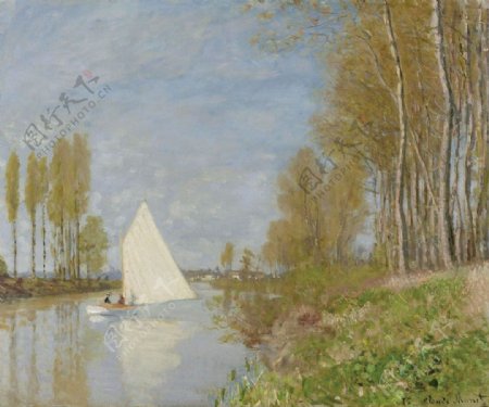 河里的帆船油画图片