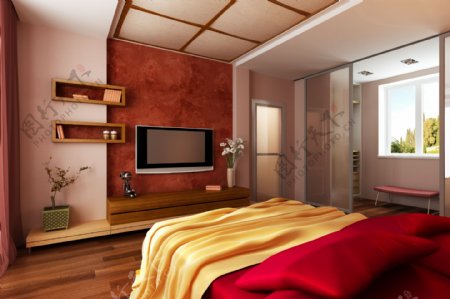 卧室里的红色双人床图片