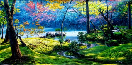 大自然森林风景油画图片