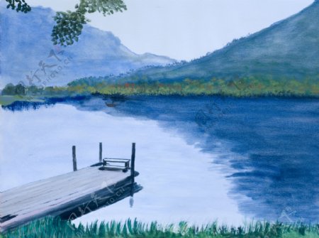 湖泊风景油画写生图片