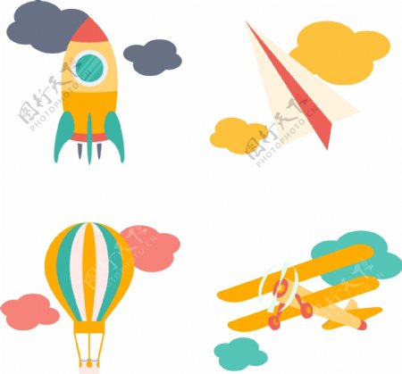 卡通矢量可爱飞机热气球装饰图案创意元素